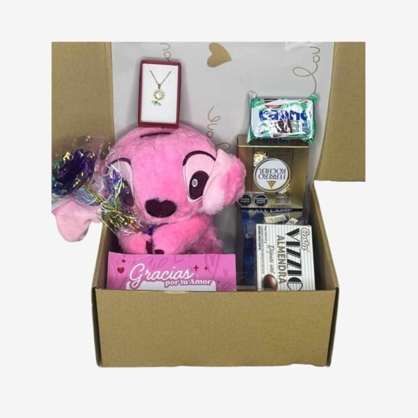 Box Estándar – Peluche Stitch (Angela) Rosa + Dulces – N°07 (3) Box Estándar – Peluche Stitch (Angela) Rosa + Dulces – N°07
