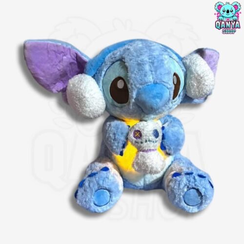Peluche Stitch Audífonos de Nieve 40CM Con Scrump Blanco Anti Estrés con Efecto de Respiración | Cableado con 1 Botón