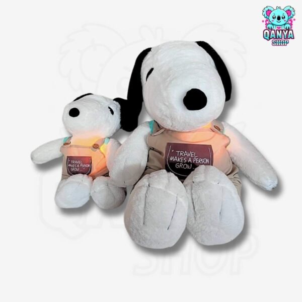 Peluche Snoopy con Overol y Mochila Anti Estrés con Efecto Respiración y Luz 40 cm y 60 cm