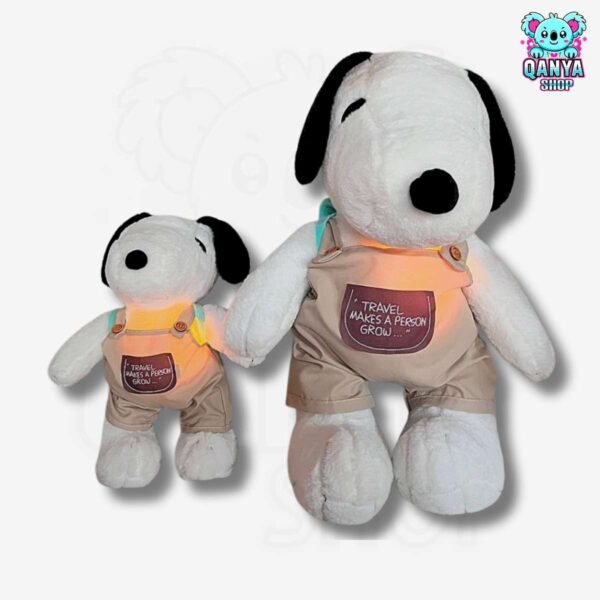 Peluche Snoopy con Overol y Mochila Anti Estrés con Efecto Respiración y Luz 40 cm y 60 cm