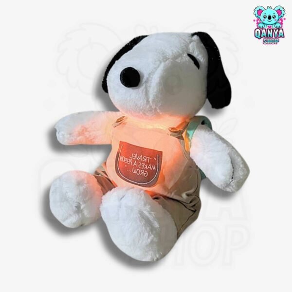 Peluche Snoopy con Overol y Mochila Anti Estrés con Efecto Respiración y Luz 40 cm y 60 cm